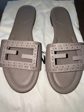 Fendi Women's Taupe Leather FF Cutout Slide Sandals